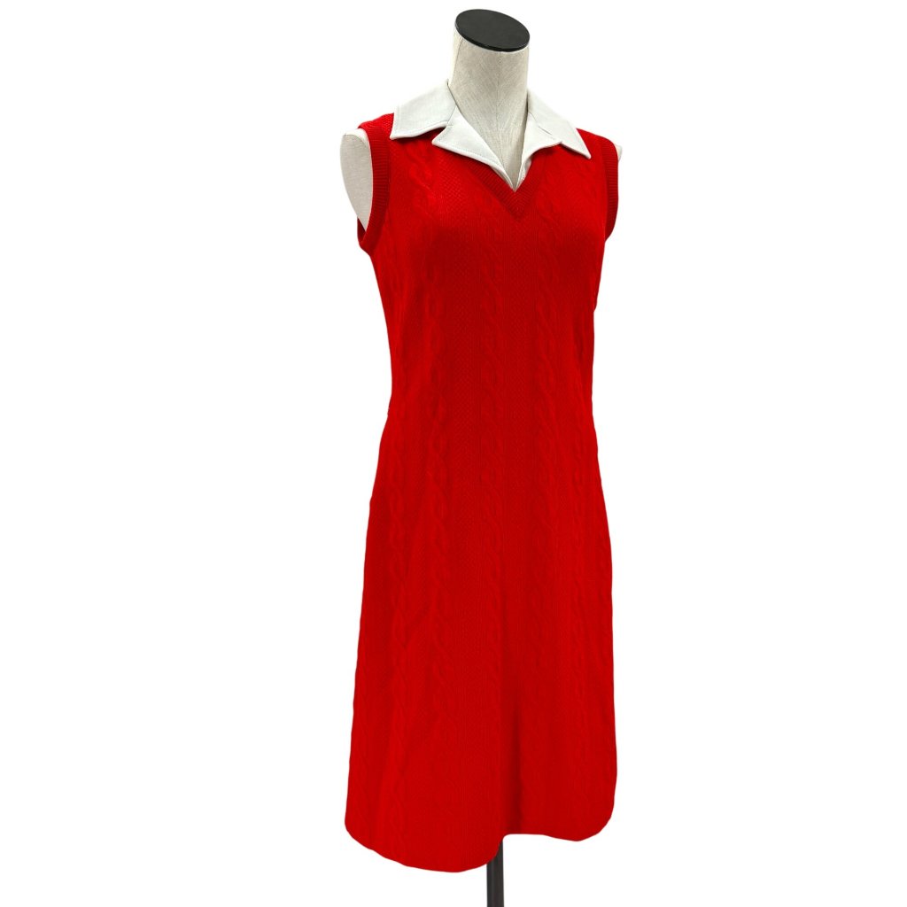 70s 80s Red Sweater Dress With White Collar Midi Length Preppy Picnic